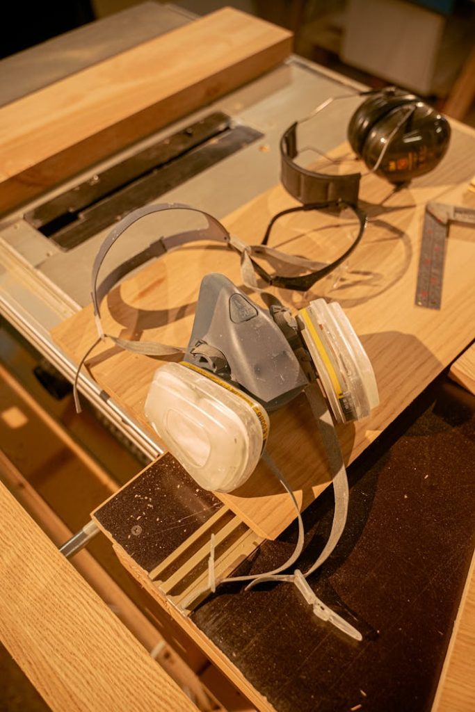 A close-up of safety gear including a respirator mask and ear protection in a workshop setting.