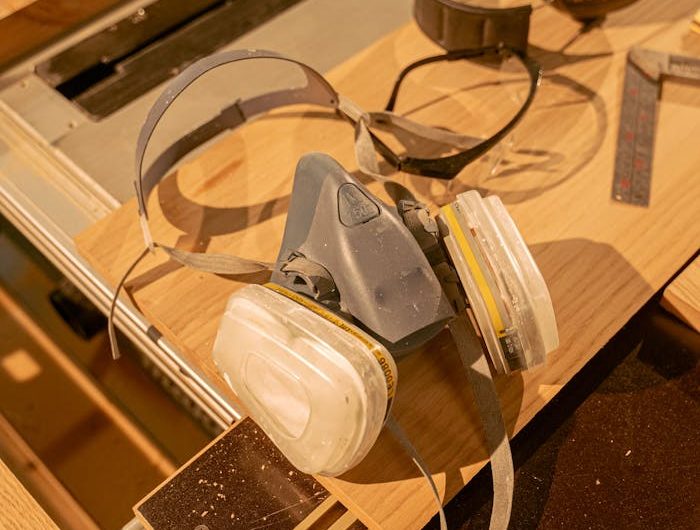 A close-up of safety gear including a respirator mask and ear protection in a workshop setting.